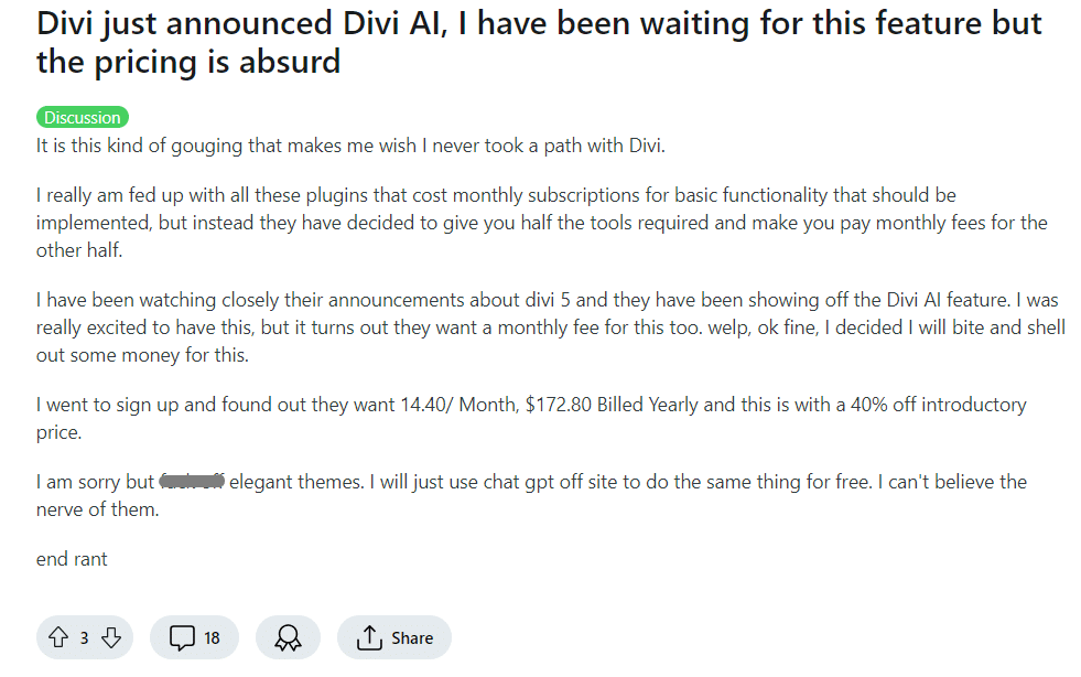 Alt text: A Reddit user’s comments on Divi AI’s pricing structure