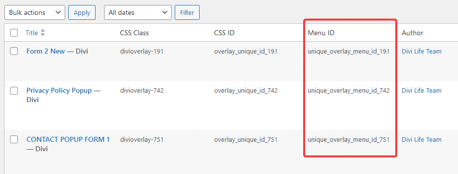 Divi Overlays menu ID values