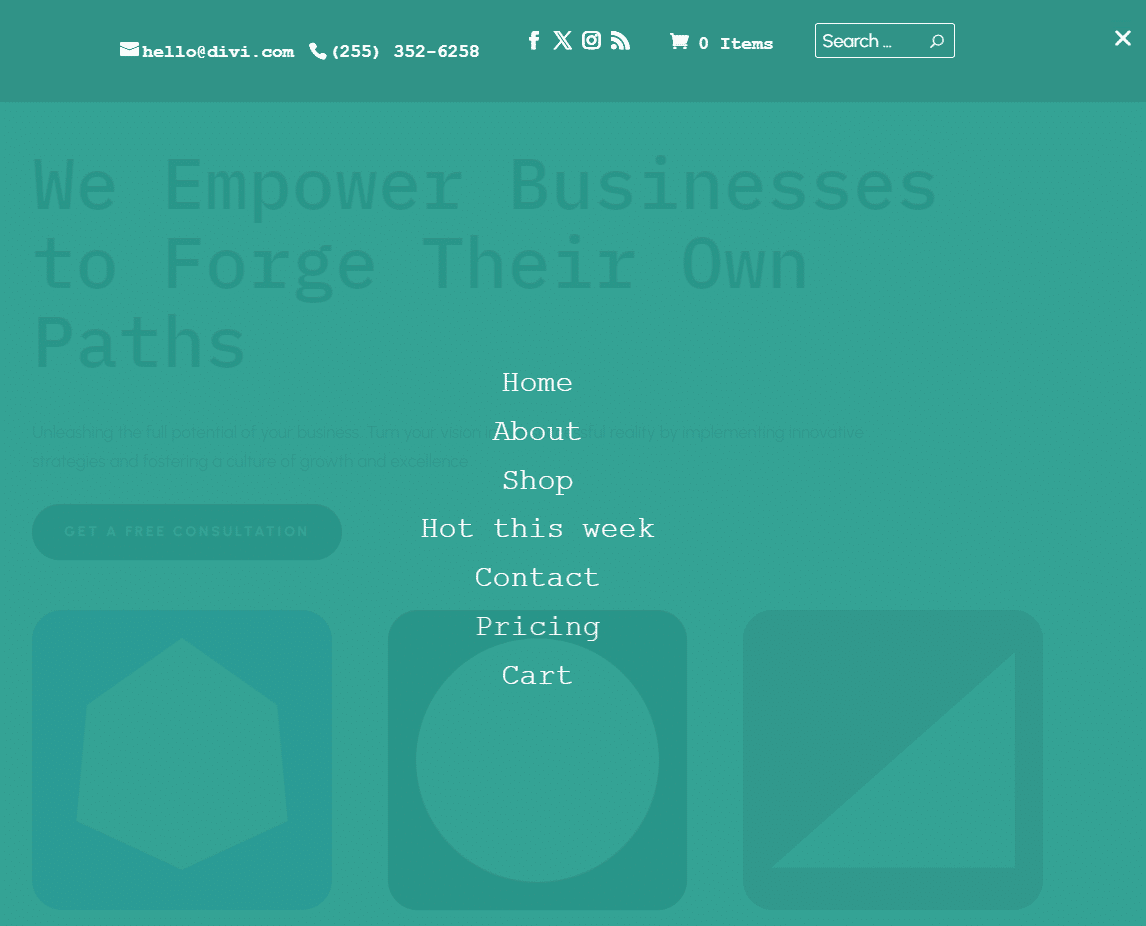 A Divi fullscreen menu styled with basic CSS