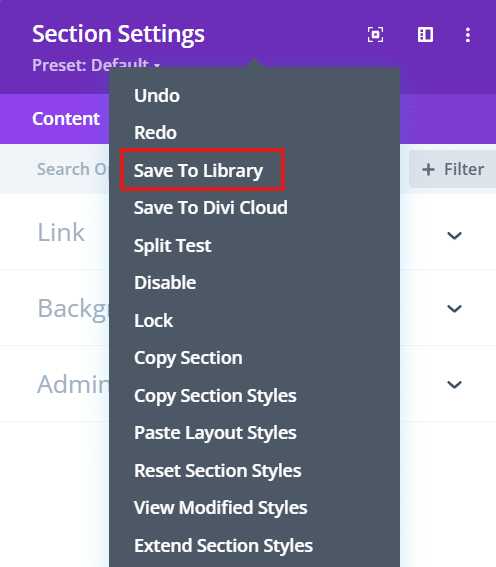 Saving section settings to library
