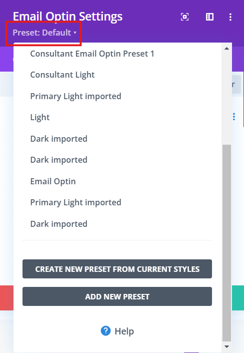 Selecting global presets