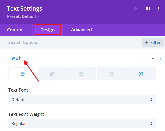 Design tab in Divi’s Text module