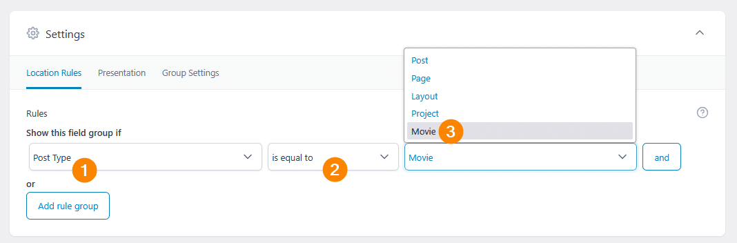 Changing ACF field group location rules