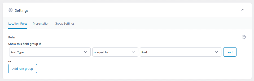 ACF field group location settings