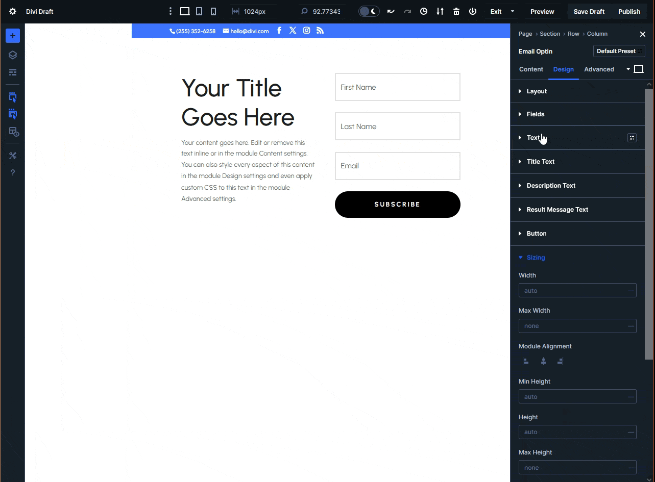 Previewing responsiveness for a Divi module