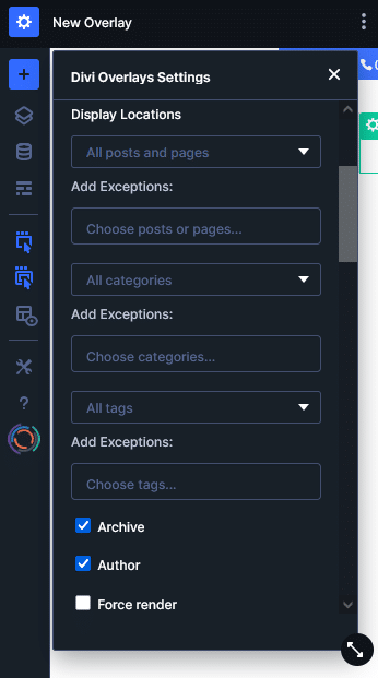Divi Overlays location rules