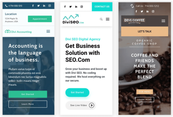 Sample mobile header designs from Divi Headers Layout Pack