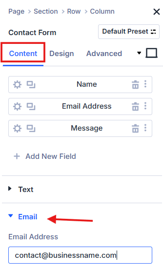 Configuring email for the contact form