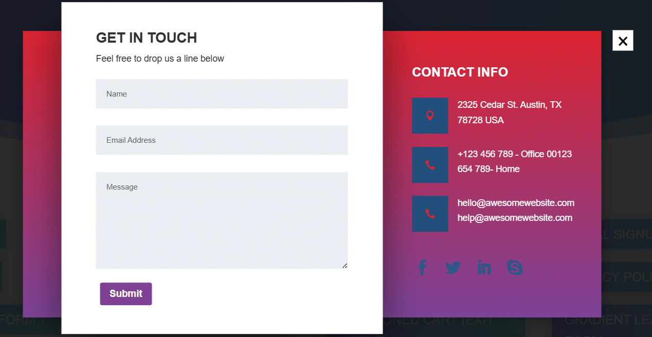 Click-triggered Divi Overlays contact form