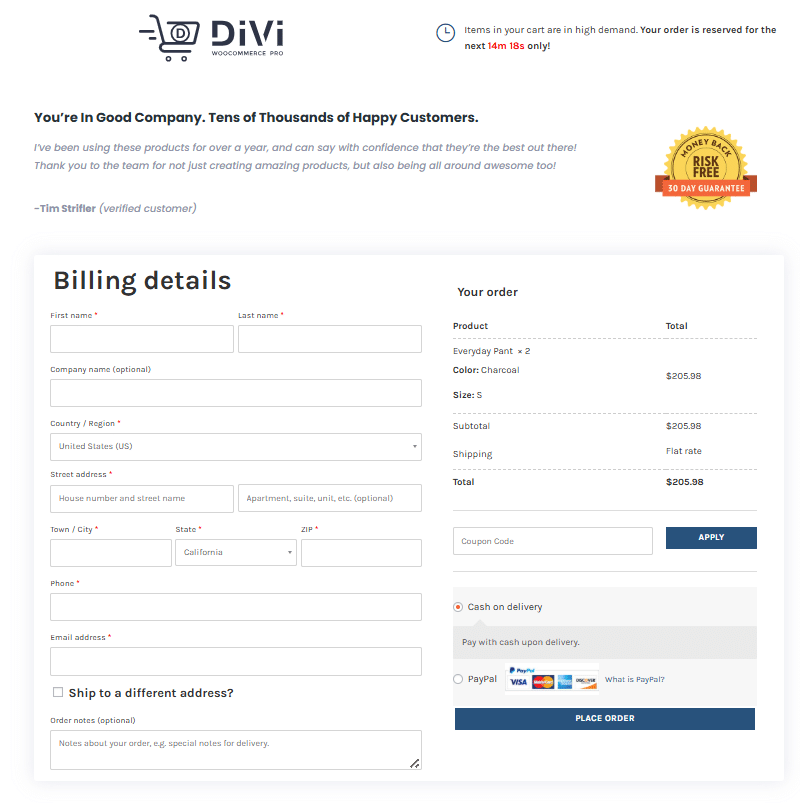 Divi WooCommerce Pro sample checkout