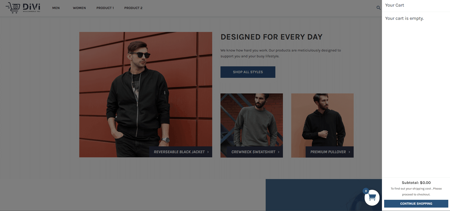 Divi WooCommerce Pro slide out cart