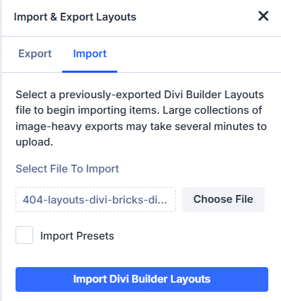 Importing Divi Bricks’ 404 layouts