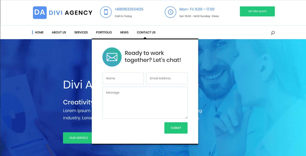 Divi Mega Pro contact form example