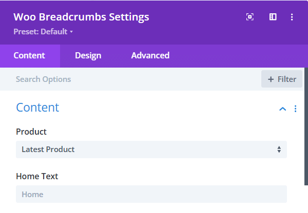 Native Divi Woo Breadcrumbs settings