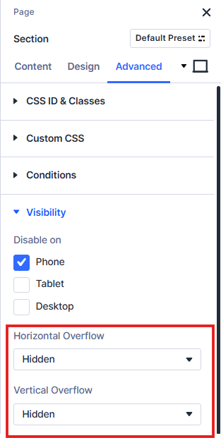 Setting visibility in Divi section
