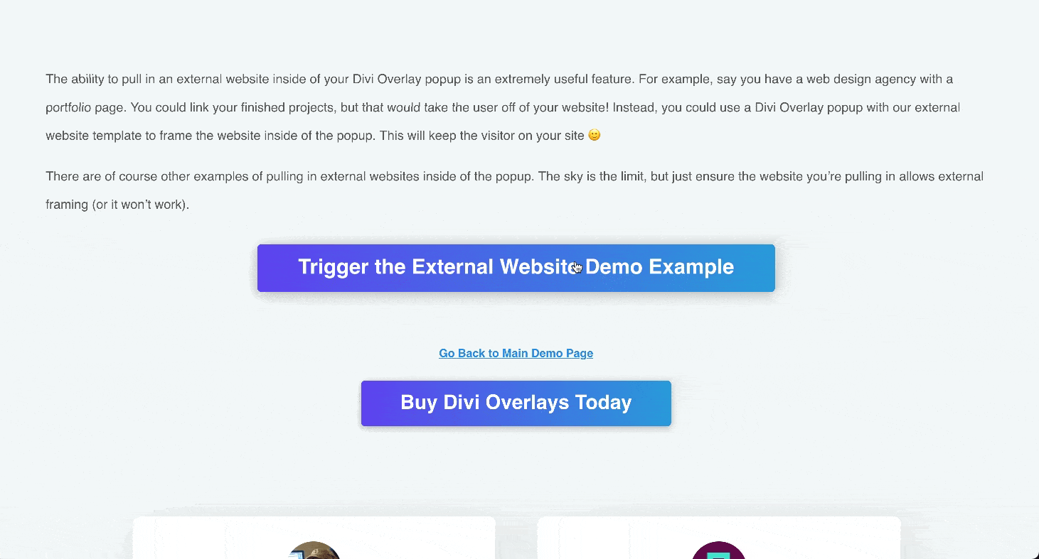 Divi Overlays external website example