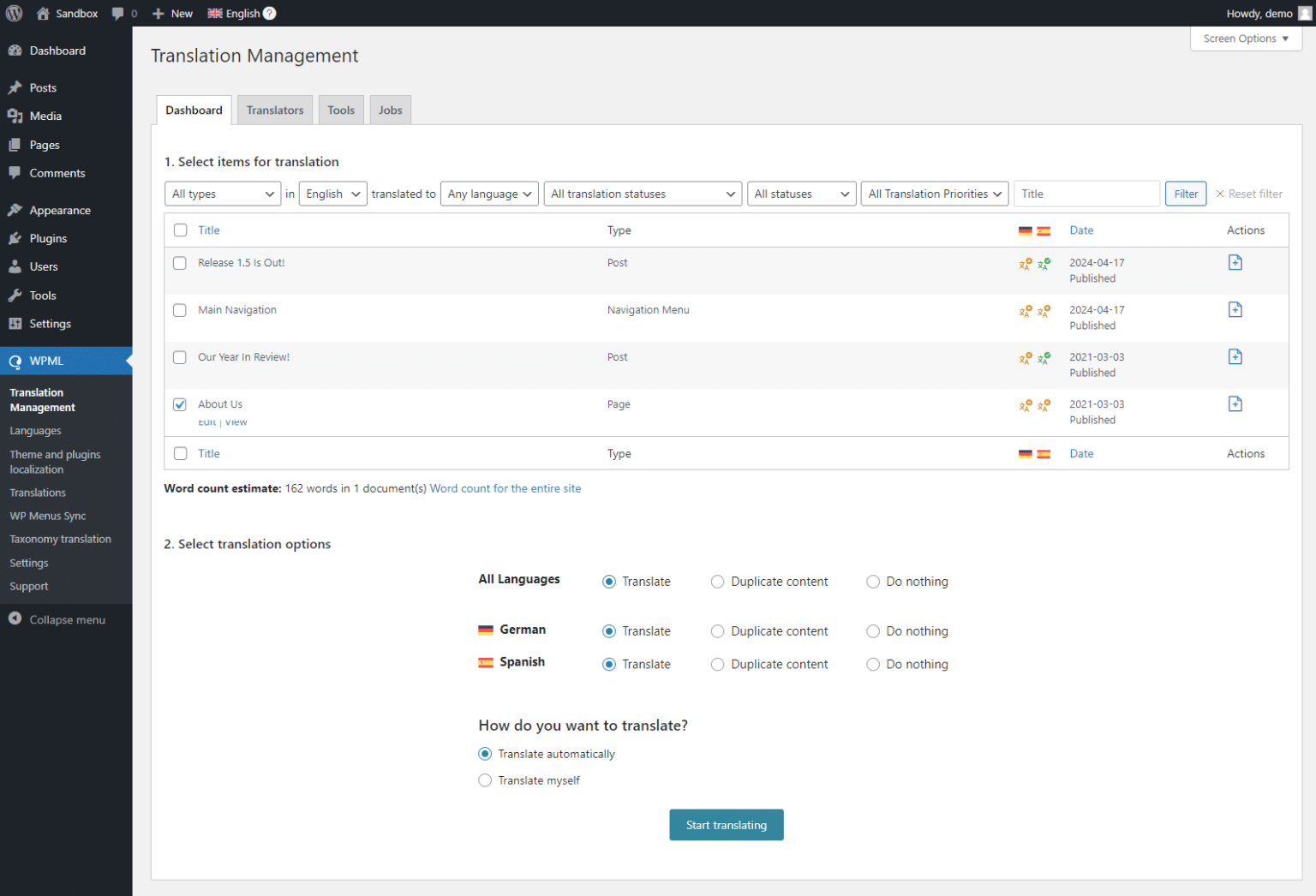The WPML translation management dashboard
