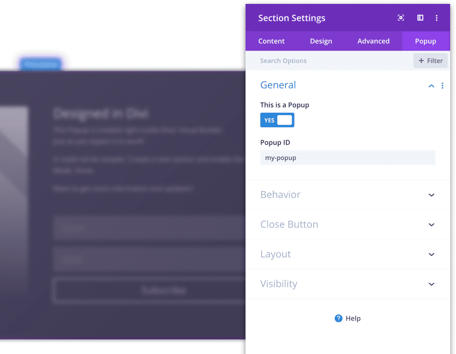 Configuring a section as a popup in Popups for Divi