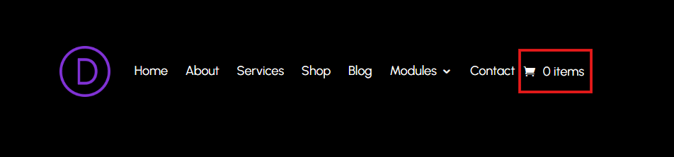 Divi menu with cart icon and quantity