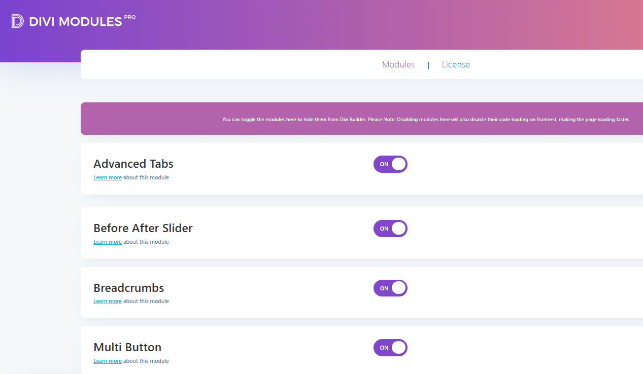 Divi Modules Pro module sample list