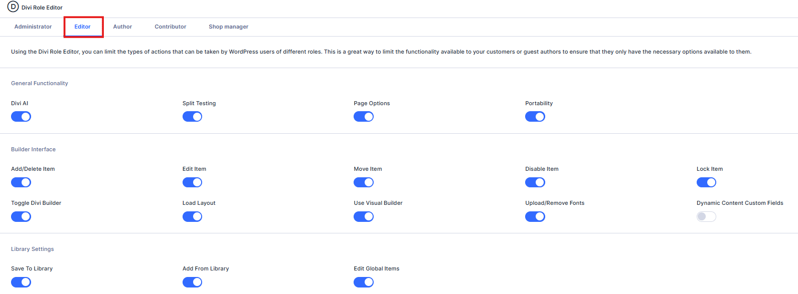 Divi Role Editor sample options