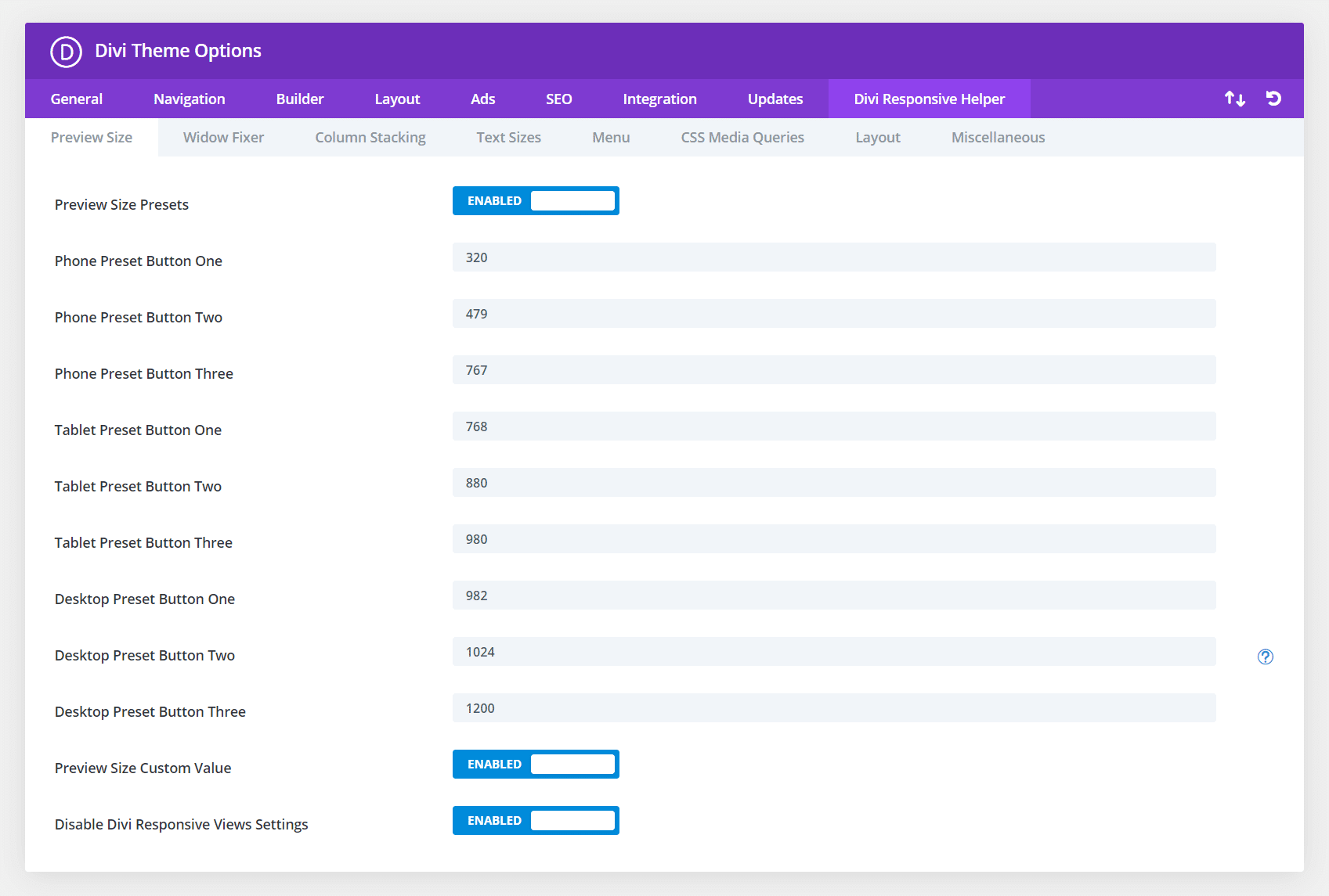 Divi Responsive Helper preview size settings