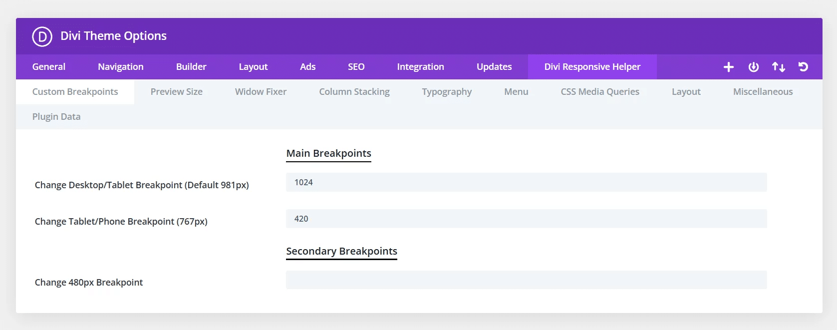 Divi Responsive Helper custom breakpoint settings
