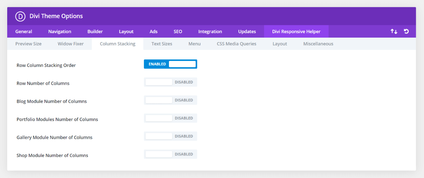 Divi Responsive Helper column stacking settings