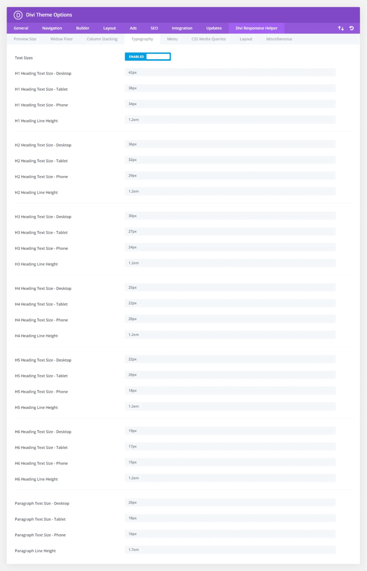 Divi Responsive Helper global default typography settings