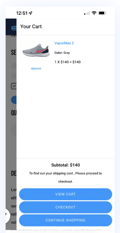 Divi Side Cart example on mobile