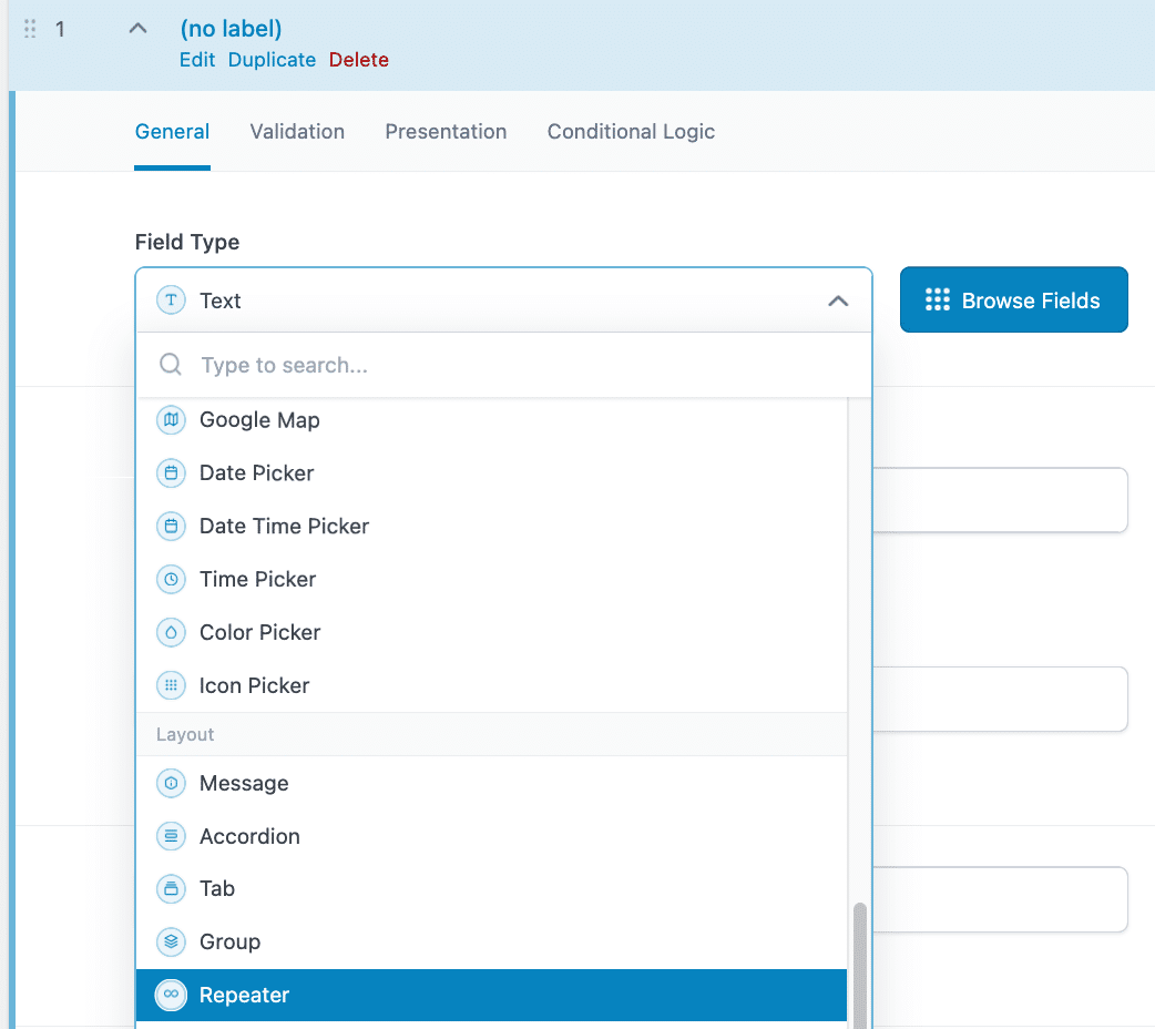 Adding ACF repeater field