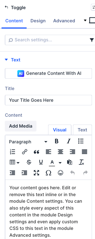 The native Divi toggle module settings