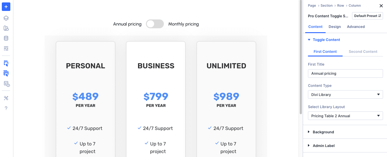 Working with Divi Modules Pro content toggle module